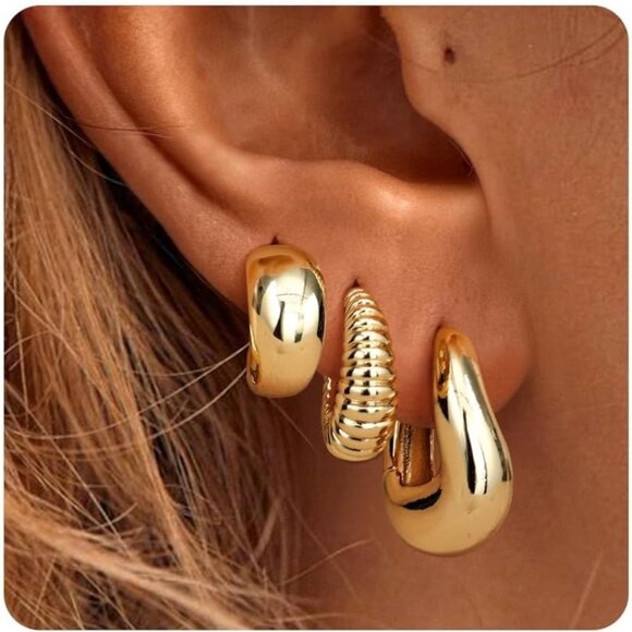 🆕 Women Gold Trendy Small Hoop Earrings Twisted Huggie Thick Open Chunky Stacks - Picture 1 of 7